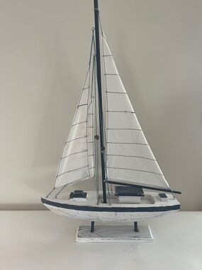 Vintage White and Navy Decorative Sailboat Sculpture - Coastal Home Accent